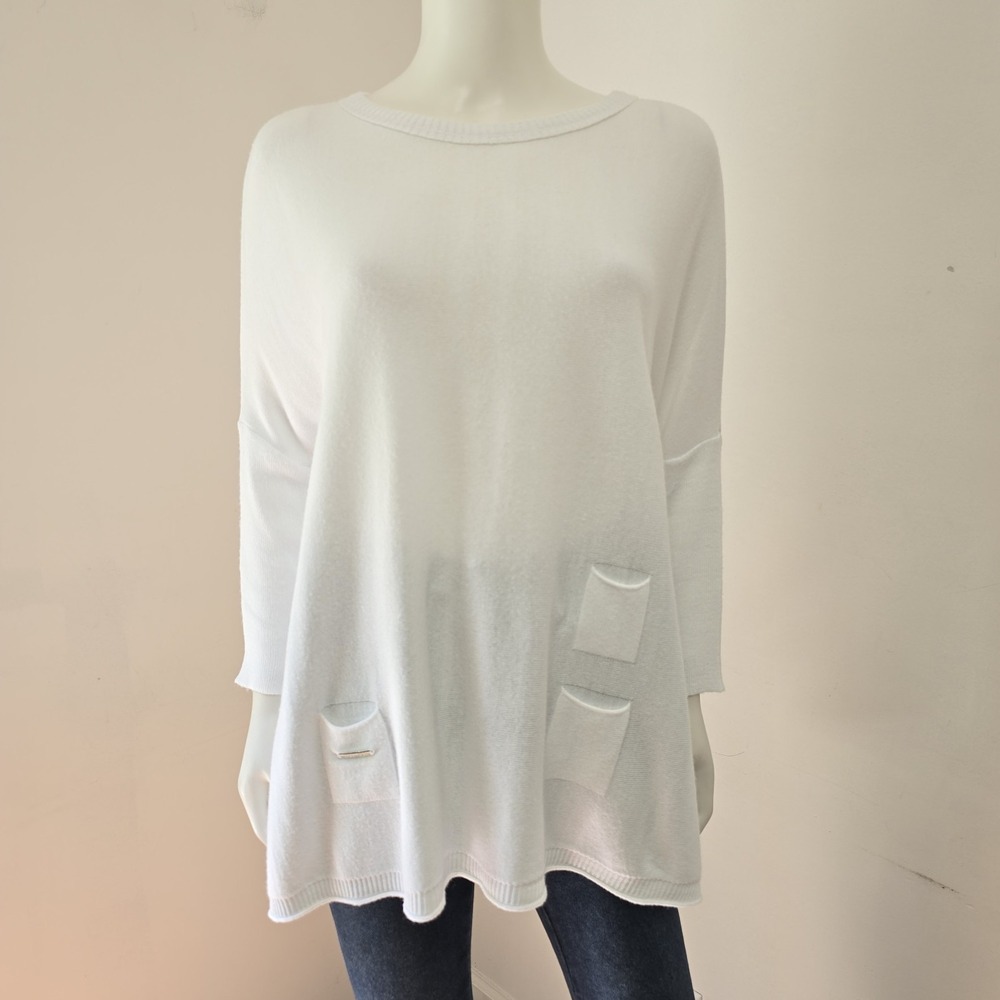 Mersea Catalina One Size Sweater Top White Pockets Split Sides Relaxed Coastal